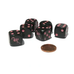 Dice>Set of 6 Flamingo 16mm D6 Round Edged Animal Dice - Black with Pink Pips - Your Source for Gaming Essentials