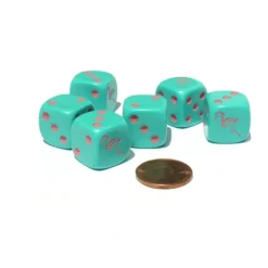 Dice>Set of 6 Flamingo 16mm D6 Round Edged Animal Dice - Aqua with Pink Pips - Your Source for Gaming Essentials