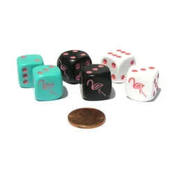 Dice>Set of 6 Flamingo 16mm Dice - 2 Each of Black, Aqua, and White with Pink Pips - Your Source for Gaming Essentials