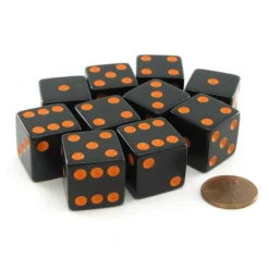 Dice>Set of 10 Large Six Sided Square Opaque 19mm D6 Dice - Black with Orange Pips - Your Source for Gaming Essentials
