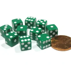 Dice>Set of 10 8mm Six-Sided D6 Small Square-Edge Dice - Green with White Pips - Your Source for Gaming Essentials