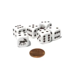 Dice>Set of 6 Moose 16mm D6 Round Edged Animal Dice - White with Brown Pips - Your Source for Gaming Essentials