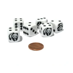 Dice>Set of 6 Panda 16mm D6 Round Edged Animal Dice - White with Black Pips - Your Source for Gaming Essentials