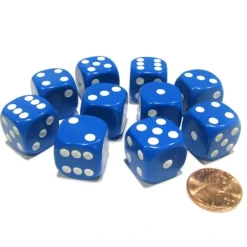 Dice>Set of 10 Six Sided Round Corner Opaque 16mm D6 Dice - Blue with White Pips - Your Source for Gaming Essentials