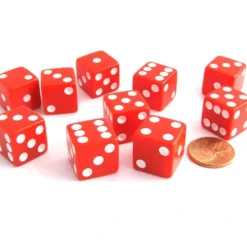 Dice>Set of 10 Six Sided Square Opaque 16mm D6 Dice - Red with White Pip Die - Your Source for Gaming Essentials