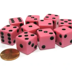 Dice>Set of 10 Six Sided Square Opaque 16mm D6 Dice - Pink with Black Pip Die - Your Source for Gaming Essentials