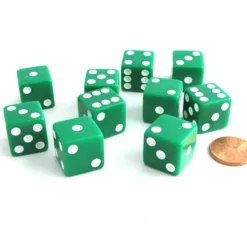 Dice>Set of 10 Six Sided Square Opaque 16mm D6 Dice - Green with White Pip Die - Your Source for Gaming Essentials