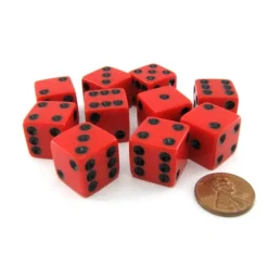 Dice>Set of 10 Six Sided Square Opaque 16mm D6 Dice - Red with Black Pip Die - Your Source for Gaming Essentials