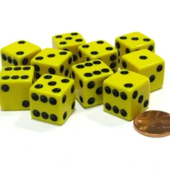 Dice>Set of 10 Six Sided Square Opaque 16mm D6 Dice - Yellow with Black Pip Die - Your Source for Gaming Essentials