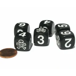 Dice>Set of 6 Skull and Crossbones 16mm Numerical Dice - Black with White Pips - Your Source for Gaming Essentials