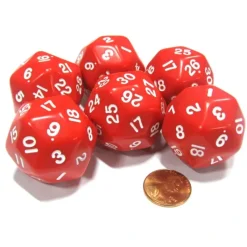 Dice>Set of 6 Triantakohedron D30 30 Sided 33mm Jumbo Dice - Red w White Numbers - Your Source for Gaming Essentials