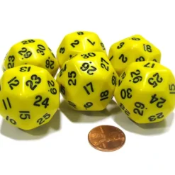 Dice>Set of 6 Triantakohedron D30 30 Sided 33mm Jumbo Dice - Yellow w Black Numbers - Your Source for Gaming Essentials
