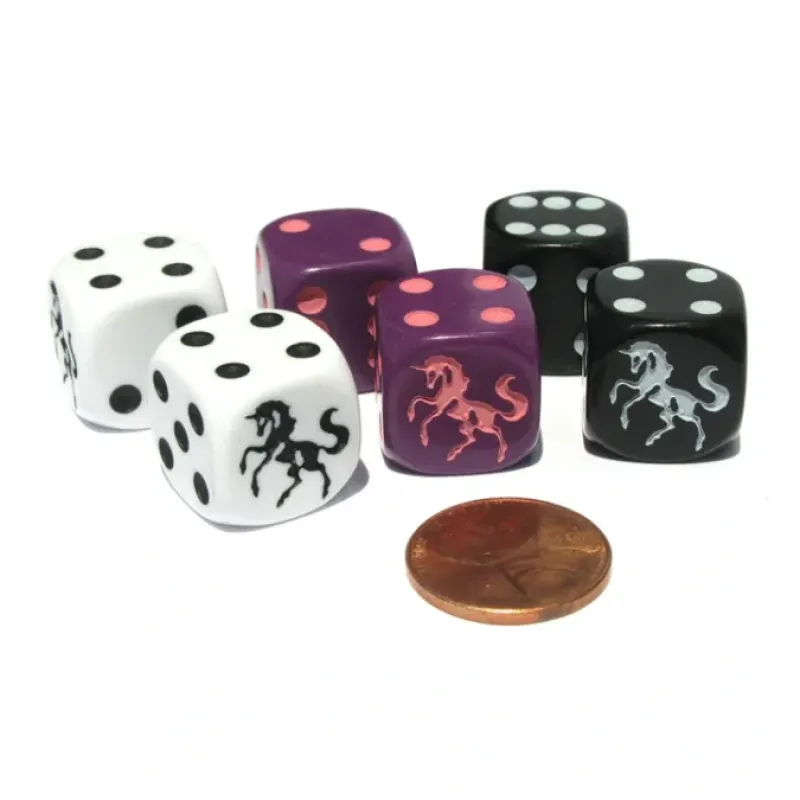 Dice>Set of 6 Unicorn 16mm D6 Round Edge Dice - 2 Each of Black, Purple, and White - Your Source for Gaming Essentials