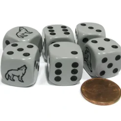 Dice>Set of 6 Wolf 16mm D6 Round Edged Animal Dice - Gray with Black Pips - Your Source for Gaming Essentials
