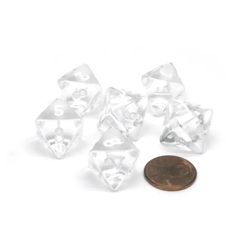 Dice-Translucent 15mm 8 Sided D8 Chessex Dice, 6 Pieces - Clear with White Numbers - Your Source for Gaming Essentials