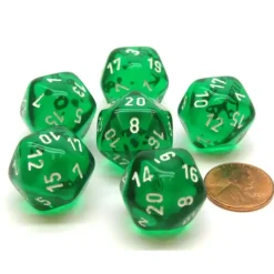 Dice-Translucent 20mm 20 Sided D20 Chessex Dice, 6 Pieces - Green with White Numbers - Your Source for Gaming Essentials