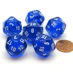 Dice-Translucent 20mm 20 Sided D20 Chessex Dice, 6 Pieces - Blue with White Numbers - Your Source for Gaming Essentials