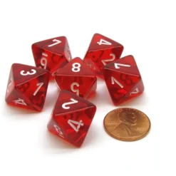 Dice-Translucent 15mm 8 Sided D8 Chessex Dice, 6 Pieces - Red with White - Your Source for Gaming Essentials