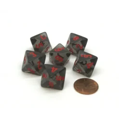 Dice-Translucent 15mm 8 Sided D8 Chessex Dice, 6 Pieces - Smoke with Red Numbers - Your Source for Gaming Essentials