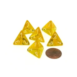 Dice-Translucent 18mm 4 Sided D4 Chessex Dice, 6 Pieces - Yellow with White Numbers - Your Source for Gaming Essentials