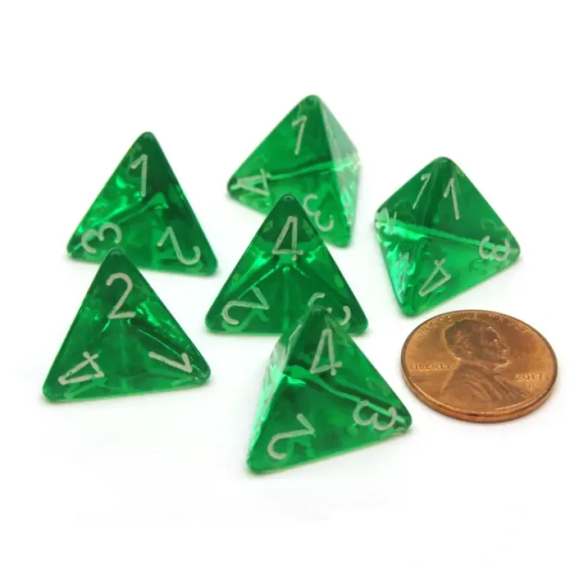 Dice-Translucent 18mm 4 Sided D4 Chessex Dice, 6 Pieces - Green with White - Your Source for Gaming Essentials