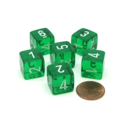 Dice-Translucent 15mm 6 Sided D6 Chessex Dice, 6 Pieces - Green with White Numbers - Your Source for Gaming Essentials