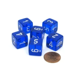 Dice-Translucent 15mm 6 Sided D6 Chessex Dice, 6 Pieces - Blue with White Numbers - Your Source for Gaming Essentials