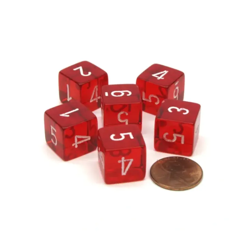 Dice-Translucent 15mm 6 Sided D6 Chessex Dice, 6 Pieces - Red with White Numbers - Your Source for Gaming Essentials