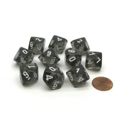 Dice-Translucent 16mm D10 (0-9) Chessex Dice, 10 Pieces - Smoke with White Numbers - Your Source for Gaming Essentials