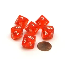 Dice-Translucent 16mm D10 (0-9) Chessex Dice, 6 Pieces - Orange with White Numbers - Your Source for Gaming Essentials
