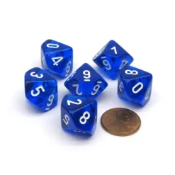 Dice-Translucent 16mm D10 (0-9) Chessex Dice, 6 Pieces - Blue with White Numbers - Your Source for Gaming Essentials