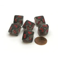 Dice-Translucent 16mm D10 (0-9) Chessex Dice, 6 Pieces - Smoke with Red Numbers - Your Source for Gaming Essentials