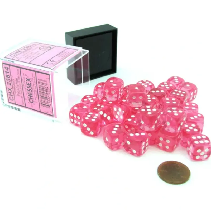 Dice-Translucent 12mm D6 Chessex Dice Block (36 Die) - Pink with White Pips - Your Source for Gaming Essentials