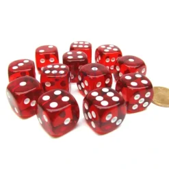 Dice-Translucent 16mm D6 Chessex Dice Block (12 Die) - Red with White Pips - Your Source for Gaming Essentials