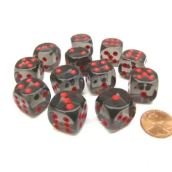 Dice-Translucent 16mm D6 Chessex Dice Block (12 Die) - Smoke with Red Pips - Your Source for Gaming Essentials