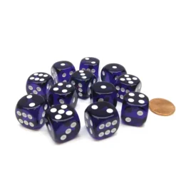 Dice-Translucent 16mm D6 Chessex Dice Block (12 Die) - Purple with White Pips - Your Source for Gaming Essentials