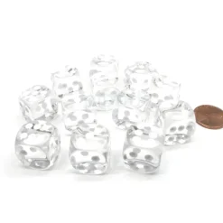 Dice-Translucent 16mm D6 Chessex Dice Block (12 Die) - Clear with White Pips - Your Source for Gaming Essentials