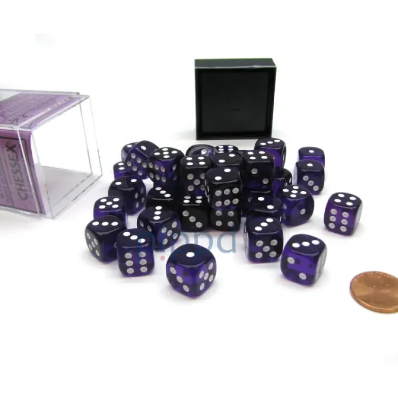Dice-Translucent 12mm D6 Chessex Dice Block (36 Die) - Purple with White Pips - Your Source for Gaming Essentials