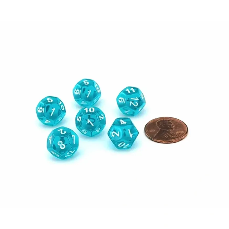 Dice-Translucent 12mm Mini 12 Sided D12 Dice, 6 Pieces - Teal with White Numbers - Your Source for Gaming Essentials