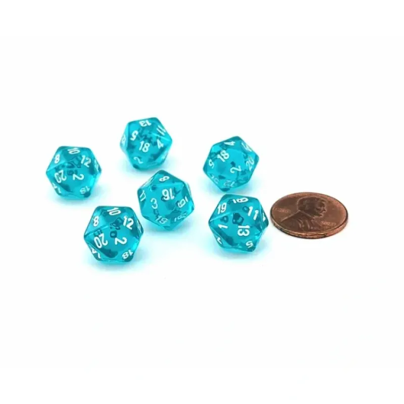 Dice-Translucent 12mm Mini 20 Sided D20 Dice, 6 Pieces - Teal with White Numbers - Your Source for Gaming Essentials