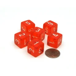 Dice-Translucent 15mm 6-Sided D6 Chessex Dice, 6 Pieces - Orange with White Numbers - Your Source for Gaming Essentials
