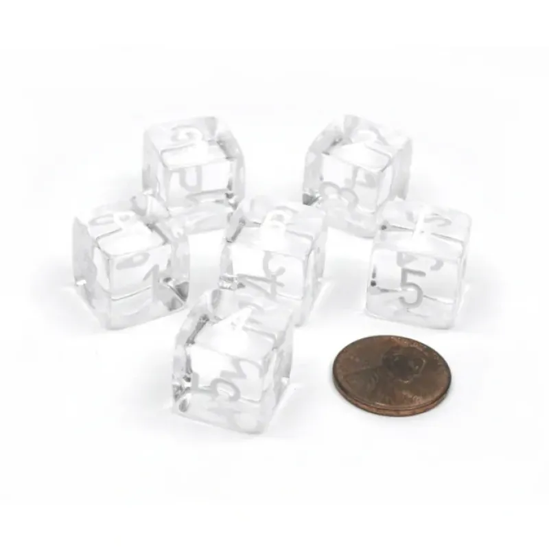 Dice-Translucent 15mm 6-Sided D6 Chessex Dice, 6 Pieces - Clear with White Numbers - Your Source for Gaming Essentials