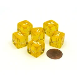Dice-Translucent 15mm 6-Sided D6 Chessex Dice, 6 Pieces - Yellow with White Numbers - Your Source for Gaming Essentials