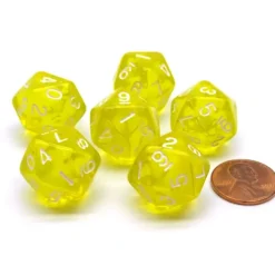 Dice-Translucent 18mm 20-Sided D10 Dice Numbered 0-9 Twice, 6 Pieces- Yellow - Your Source for Gaming Essentials