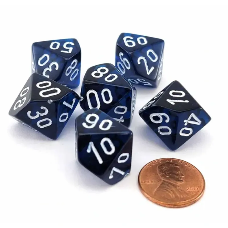 Dice-Translucent 16mm Tens D10 (00-90) Dice, 6 Pieces - Navy Blue with White Numbers - Your Source for Gaming Essentials