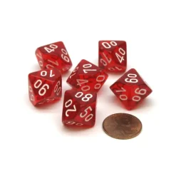 Dice-Translucent 16mm Tens D10 (00-90) Dice, 6 Pieces - Red with White Numbers - Your Source for Gaming Essentials