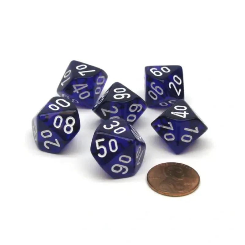 Dice-Translucent 16mm Tens D10 (00-90) Dice, 6 Pieces - Purple with White Numbers - Your Source for Gaming Essentials