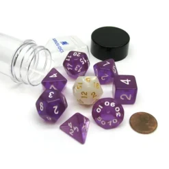 Dice-Tube of 7 Polyhedral RPG Sirius Dice with Bonus D20 - Translucent Purple Resin - Your Source for Gaming Essentials