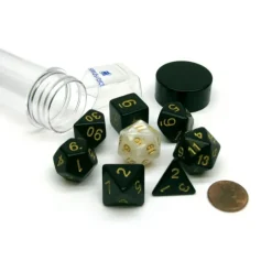 Dice-Tube of 7 Polyhedral RPG Sirius Dice with Bonus D20 - Solid Black, Gold Ink - Your Source for Gaming Essentials