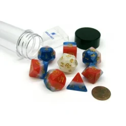 Dice-Tube of 7 Sirius Dice + Bonus D20 - Red, White, and Blue Semi-Transparent Resin - Your Source for Gaming Essentials